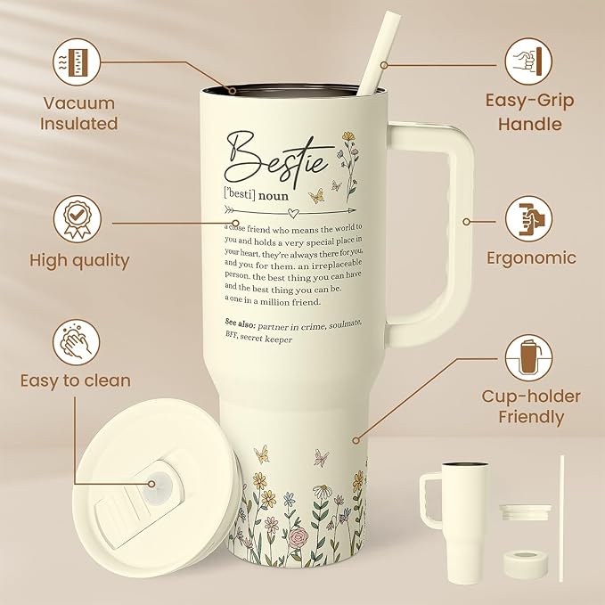 Best Friend Tumbler with Handle 40oz, Bestie Cups for Women Stainless Steel Coffee Travel Tumblers with Straw, Bestie Gifts for Female Friends BFF, Friendship Gift for Birthday Christmas Valentines