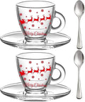 BOHEM'S Espresso Cups, 3.2-Ounce. Small Demitasse Clear Glass Espresso Drinkware, Set Of 2 Cups, Saucers and Stainless Steel mini Spoons, Hostess, Coffee Lover/Enthusiast (Christmas)