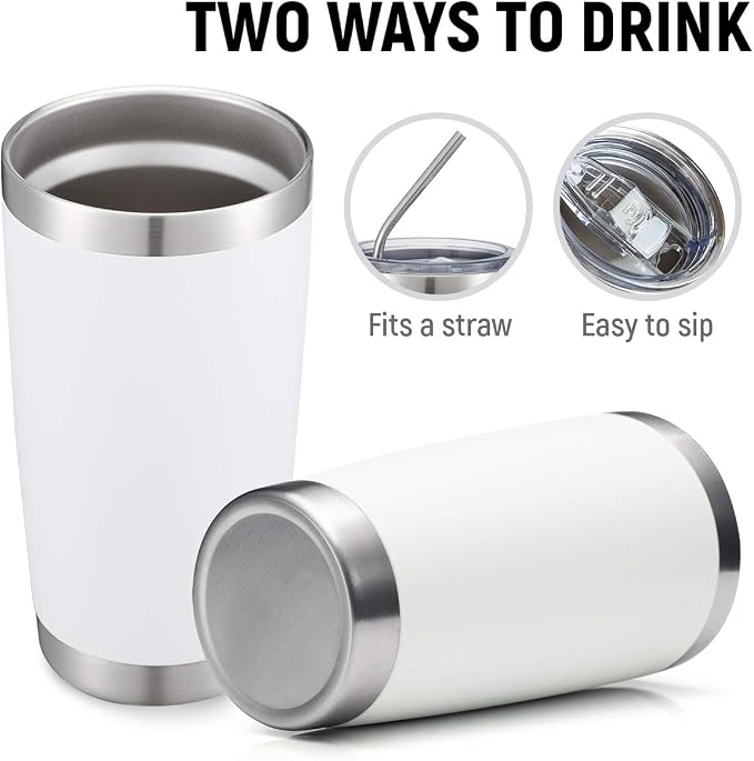 COMOOO 20oz White Tumbler Bulk with Straw Stainless Steel Insulated Coffee Tumbler Cups Double Wall Vacuum Travel Coffee Mug with Splash Proof Sliding Lid for Hot Cold Drinks (White, 4 Pack)