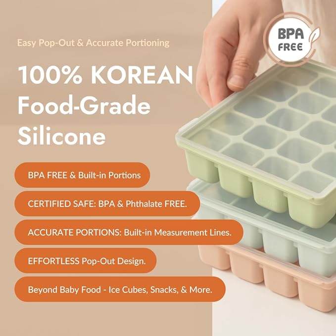 Baby Food Storage Silicone Cubes with Clip-On Lid Freezer Tray Baby Food Soups Purees Ice Safe Design Made in Korea (12cubes 1.5oz, Celadon Green Set of 2)