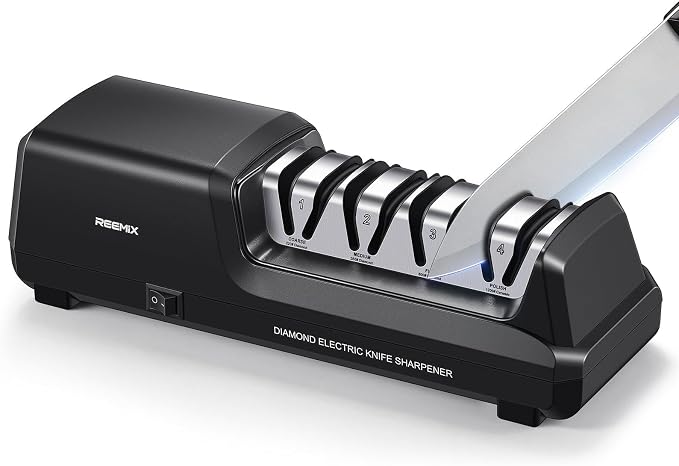 Reemix Electric Knife Sharpener with 4-Stage Sharpening (Repair, Coarse, Medium, Fine & Polish), 20° Fixed Angle, Non-Slip Base & Metal Shavings Collector for Kitchen Knives (Black)