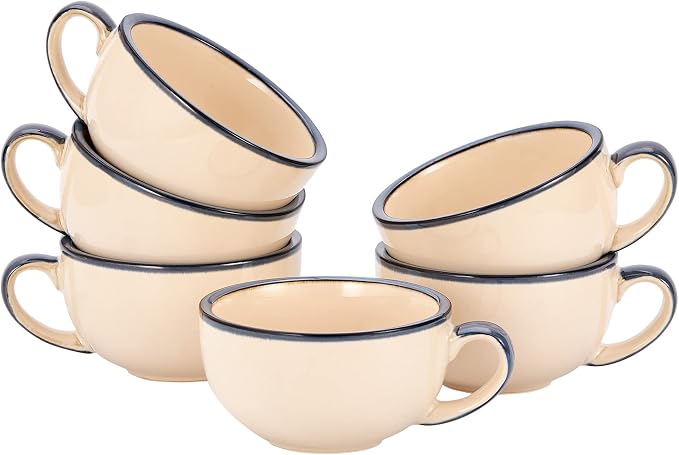 Coffeezone Set of 6 Cups Vintage Design 12 oz Professional Barista Ceramic Latte Art Cappuccino Cups Set (Beige * 6)