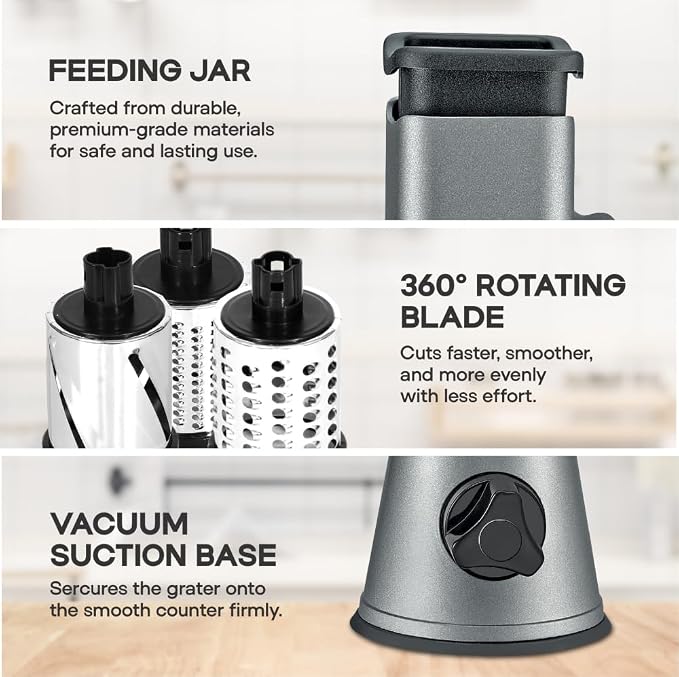 Courant cheese grater hand crank manual, cheese shredder, High Grade steel housing-Vegetable Slicer salad shooter & vegetable shredder Rotary Grater Slicer for, Nuts, with 3 Interchangeable Blades