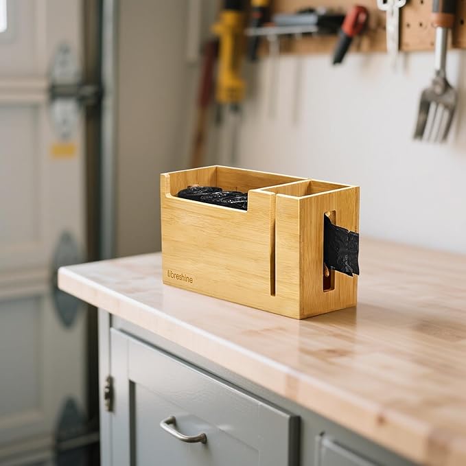 Libreshine Bamboo Trash Bag Dispenser & Holder 1.2–4 Gallon, No-Drill Adhesive Wall Mount & Cabinet Door, Fits Up to 3.3” Diameter Rolls, Mini Garbage Bag Organizer for Kitchen Under Sink