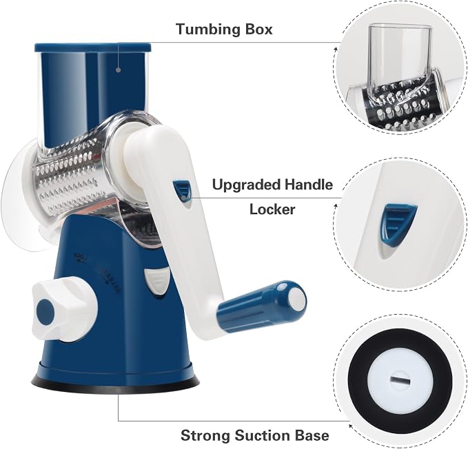 Cambom Rotary Cheese Grater Hand Crank Cheese Shredder for Fresh Cheese, Vegetable, Nuts,Non-slip Suction Base，Three Blades,Dark Blue