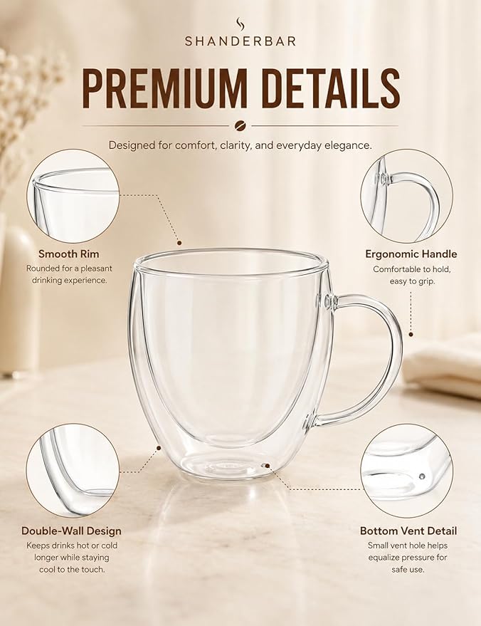 Set of 4 Double Walled Glass Coffee Mugs with Handles, 8.5oz Clear Coffee Mugs for Hot/Cold Beverages, Insulated Borosilicate Glass Cups for Cappuccino, Espresso, Latte, Tea, Milk, Microwave Safe