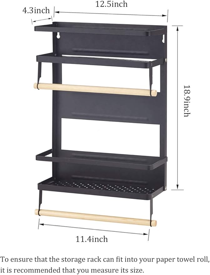Foldable Refrigerator Organizer 4 Tier Magnetic Fridge Spice Rack Paper Towel Holder Multi-purpose Kitchen Storage Shelf Rustproof Spice Jars Holder, Black