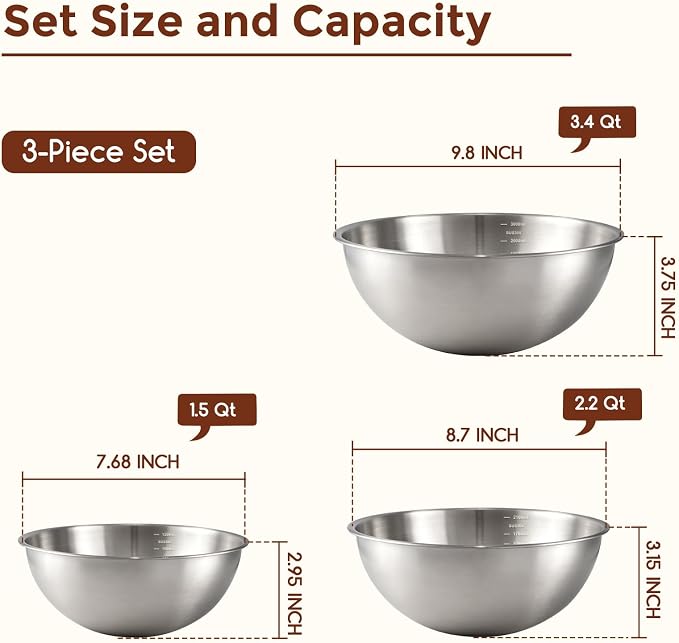 Gronivex 304 Stainless Steel Mixing Bowls, 3-Piece (1.5, 2.2 & 3.4 Qt) | Food-Grade Metal, Dishwasher safe，Stackable Nesting & Space-Saving – For Kitchen Baking, Salads, Meal Prep, RV & Camping