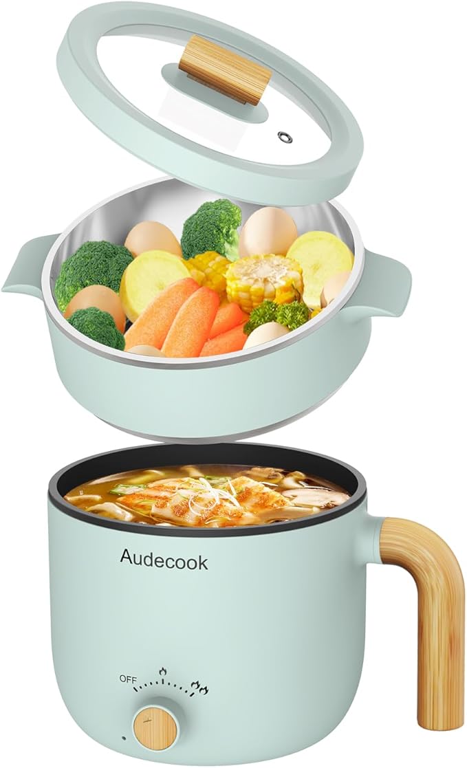 Audecook Hot Pot Electric with Steamer, 1.5L Portable Nonstick Rapid Noodles Cooker, Travel Electric Skillet with Dual Power Control for Ramen/Pasta/Soup/Steak/Egg/Oatmeal (Green)