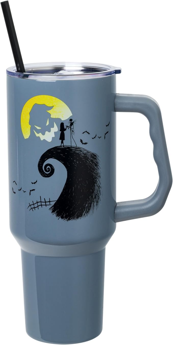 Silver Buffalo Disney Nightmare Before Christmas Featuring Oogie Boogie, Jack Skellington, and Sally Double Walled Stainless Steel Tumbler with Handle and Straw, Fits in Standard Cup Holder, 40 Ounces