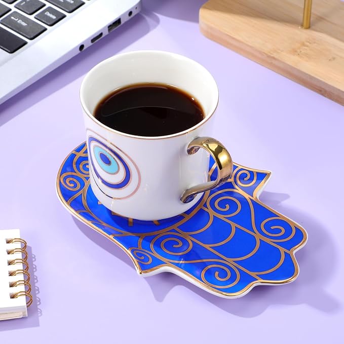 Kichvoe Evil Eye Coffee Mug with Saucer Set Ceramic Porcelain Tea Cup 4.13X2.95X2.95 Inch Microwave Dishwasher Safe for Home Office Beverage Milk Water