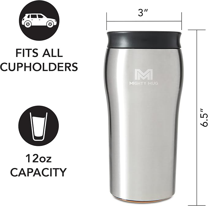 Mighty Mug | The Untippable Mug | Grips When Hit, Lifts for Sips | Insulated Stainless Steel Tumbler | Cupholder Friendly | Gifts for Women Men All | Leakproof | 4 Hours Hot / 24 Cold | 12oz | Silver