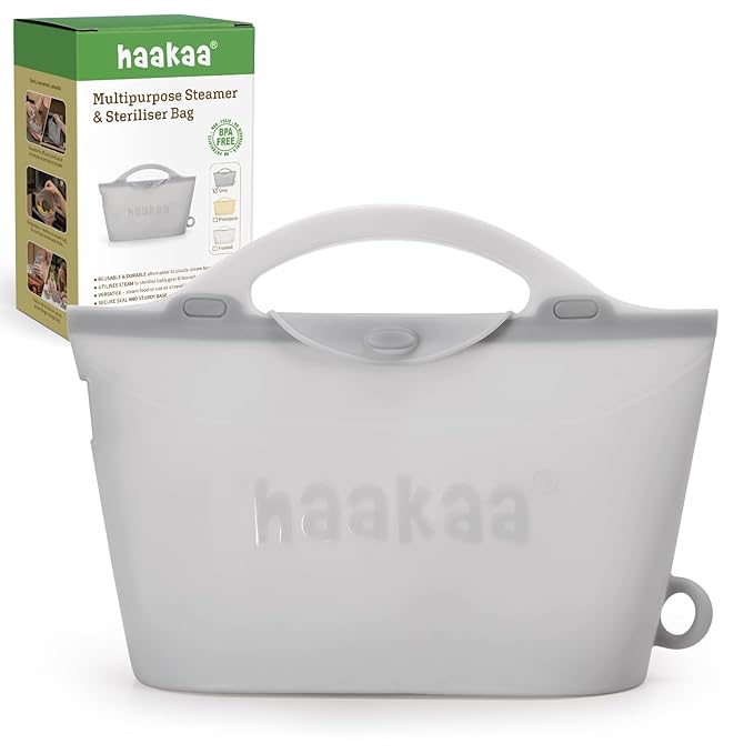 Haakaa Silicone Microwave Steamer & Steriliser Bag, 70oz/2000ml Large Capacity Reusable Steaming Bags for Baby Bottles, Breast Pump, Accessories, Pacifiers,Teethers, Great for Home&On The Go, Grey/1PC