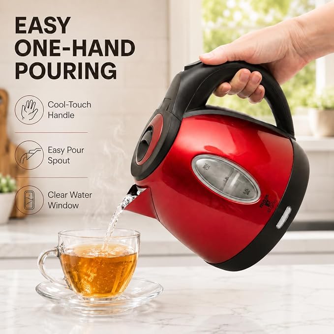 Moss & Stone 1.2L Stainless Steel Small Electric Kettle Red Color, Cordless 1500w Fast Boiling Pot, Portable Hot Water Electric Tea Kettle With Boil Dry Protection & Auto Shut-Off
