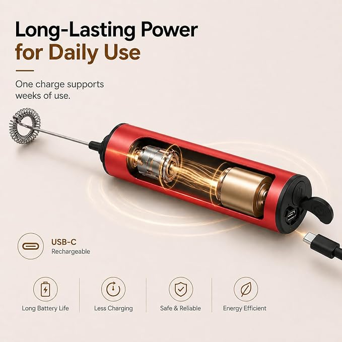 Rechargeable Milk Frother with Stand, Electric Whisks Foam Maker, POWERFUL USB C 2 Speed Handheld Drink Mixer for Coffee, Latte, Cappuccino, Matcha Drinks,Red