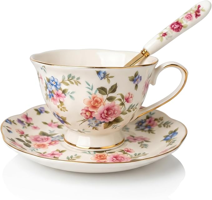 Noviko 6 oz Floral Tea Cups and Saucers Flower Ceramic cup for Women and Tea Parties