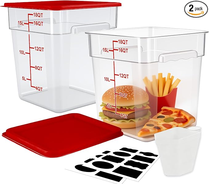2 Pack Square Food Storage Container With Lid,12-22 Quart Commercial Storage Box With Scale & Handle,Cake Making,Dough Marinating Meat,Kitchen Supplies (Polycarbonate, 19 Quart)