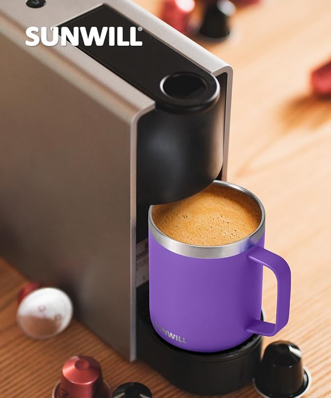 SUNWILL Insulated Coffee Mug with Lid, Travel Tumbler with Handle, 14 oz Stainless Steel Cup for Camping, Office, Home, Powder Coated Purple