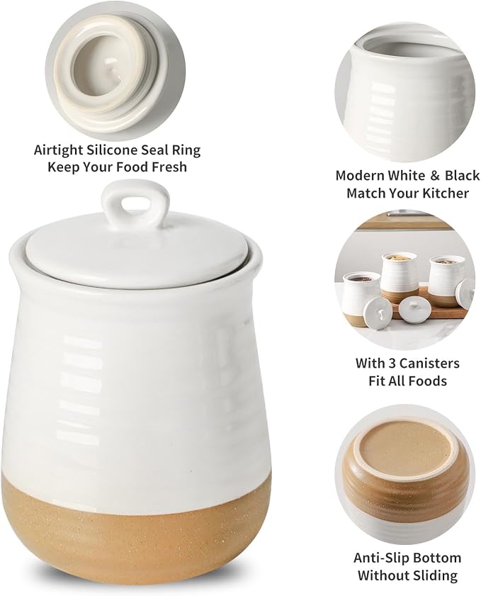 Ceramic Food Storage Jars,25 Oz Porcelain Kitchen Canisters with Airtight Lids Set of 3,Flour Containers for Countertop,Farmhouse Decor Serving Ground Coffee,Tea,Sugar,Pasta and Rice,White＆Yellow