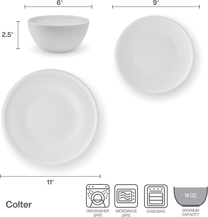 Mikasa Colter Bone China Lightweight Chip Resistant 12 Piece Dinnerware Set, Service for 4, White