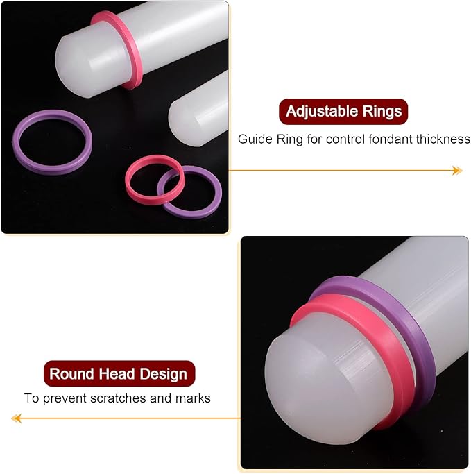 HARFINGTON Fondant Rolling Pin 20 Inch x 0.98 Inch Adjustable Guide Rings Non-Stick PP Plastic Fondant Roller Dough Roller Kitchen Decorating Tools for Cookie Pastry Pizza Clay