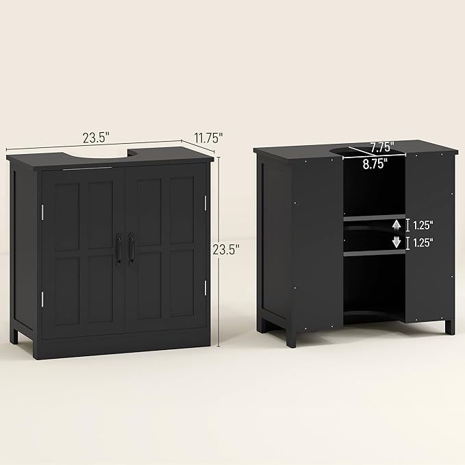 kleankin Pedestal Sink Storage Cabinet, Under Sink Cabinet with 2 Doors and Adjustable Shelf, Bathroom Vanity with U-Shape Cut-Out, Black