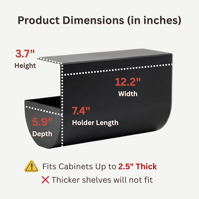 Under Cabinet Paper Towel Holder - No Drill Shelf Mount, Easy Tearing Design, Space-Saving, Magnet-Ready Steel Surface, Fits Standard US Rolls up to 11" (Black)