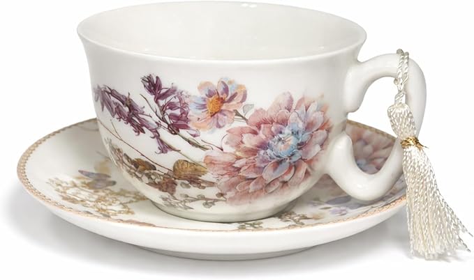 STP GOODS Bone China Tea/Coffee Cup and Saucer in Gift Box Fine Bone China Coffee Cup with Saucer Tea Cup and Saucer Set of One,Porcelain Cup and Saucer (Wildflower Meadow)