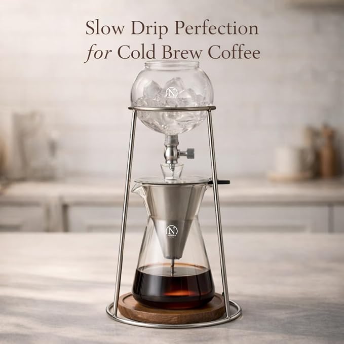 Nispira Iced Coffee Cold Brew Drip Coffee Maker Stainless Steal, 400mL, Borosilicate Glass