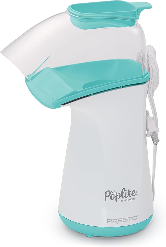 Presto 04869 Poplite Hot Air Popcorn Popper - Built-In Measuring Cup + Melts Butter, Easy to Clean, Built-In Cord Wrap, 18 Cups, Aqua/White