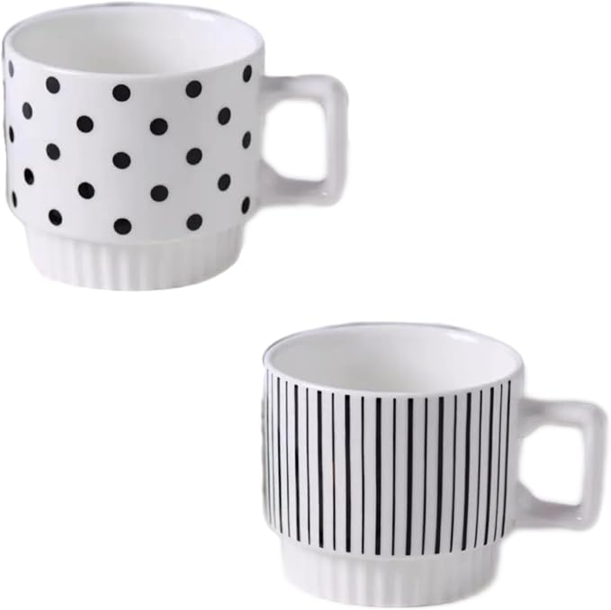 Stackable Coffee Mugs Set of 2, Simple Geometric Patterns Coffee Mug, 12oz Tea Cup Set, Espresso Cups, Stacked Mug Set for Household Party Housewarming Gift (2)