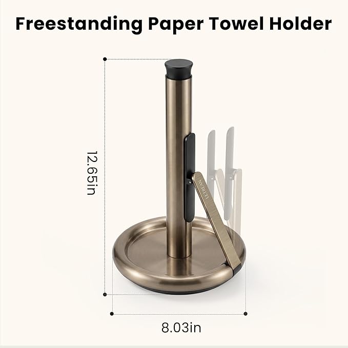 Ultrean Paper Towel Holder Countertop, Freestanding Paper Towel Dispenser with Spring-Loaded Arm for One-Handed Tear, Weighted Non-Slip Base, Stainless Steel for Kitchen, Gold