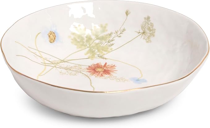 Sango 12-Piece Luxury Porcelain Dinnerware Set for 4- Glossy White Plates and Bowls Sets with Wildflower Patterns and Gold Rims, Ceramic Dish Set, Elegant Dishes for Everyday Dining, Gansevoort