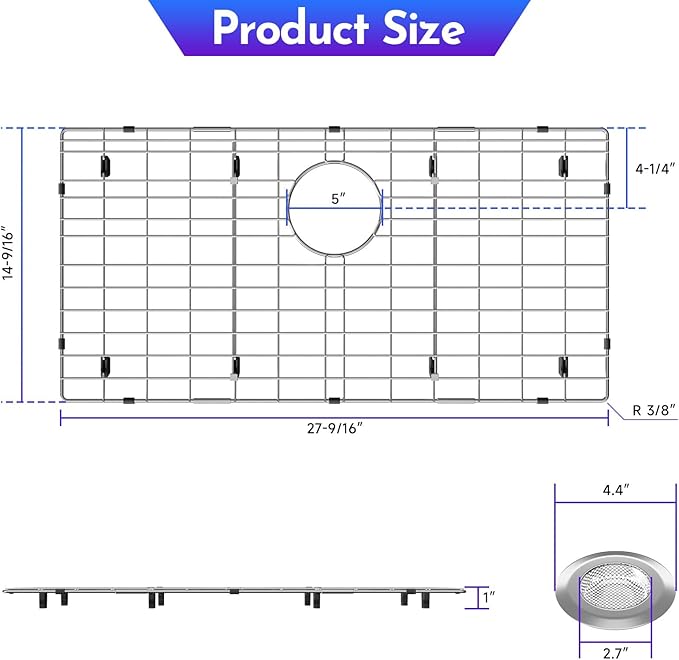 27-9/16" x 14-9/16" Sink Grid, Stainless Steel Sink Protectors for Kitchen Sink, Sink Bottom Grid, Rear Drain with Corner Radius 3/16", Sink Grids for Kitchen Sink, Sink Grid for Bottom of Sink
