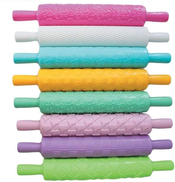8pcs Colourful Cake Decorating Embossed Rolling Pins,Textured Non-Stick Designs and Patterned,Ideal for Fondant, Pie Crust,Cookie,Pastry,Icing,Clay,Dough