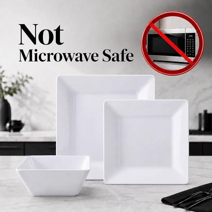 TP 12-Piece Melamine Dinnerware Sets, Plates and Bowls Dishes Set for 4, Break-Resistant & Non-Microwavable, Lightweight Square Dinner Plates, White