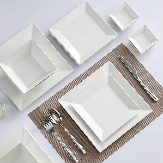 Porlien 16-Piece Classic Square Dinnerware Set for 4-Square Dinner Plates, Dessert Plates, Bowls & Dipping Saucers, Off White Dishes for 4