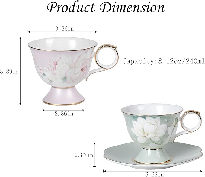 KAMMAK Ceramic Coffee Cups Saucers Set of 2, Porcelain Espresso Cup with Saucer, 8.12 oz Handmade Elegant Bone China Tea Cups, Ceramic Floral Pattern Demitasse Cup for Latte, Americano, Cappuccino