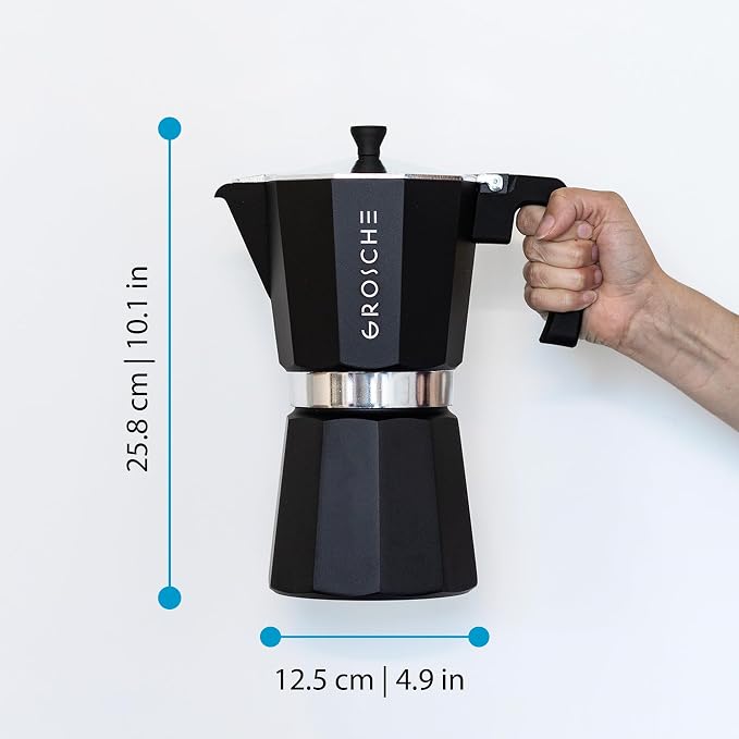 GROSCHE Milano Moka pot, Stovetop Espresso maker, Greca Coffee Maker, Stovetop coffee maker and espresso maker percolator (Black, 12 cup)