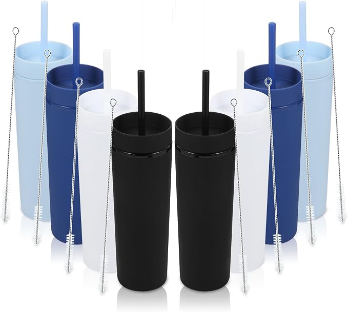 Volhoply 16oz Plastic Skinny Tumbler With Lid and Straw Bulk 8 Pack,Insulated Double Wall BPA Free Matte Acrylic Tumblers,Iced Coffee Mug Reusable Party Cup,Customizable Diy Gifts(Assort color,8 Set)