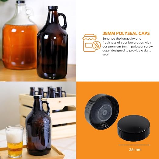 FastRack 64 oz Amber Glass Growlers (Pack of 6) | Half Gallon Beer Growler with 18 Poly Seal Caps | Reusable 1/2 Gallon Glass Jug for Homebrew, Kombucha, and Beverage Storage