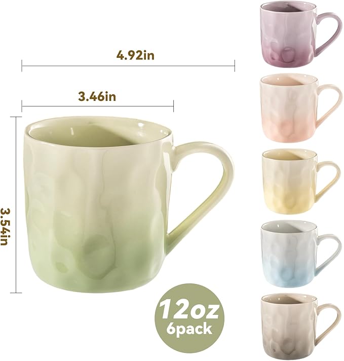 Porcelain Coffee Mugs, Multicolor, Set of 6, 12oz | Hand-Pinch Textured Ceramic, Microwave & Dishwasher Safe, Non-Toxic, Stylish Gift