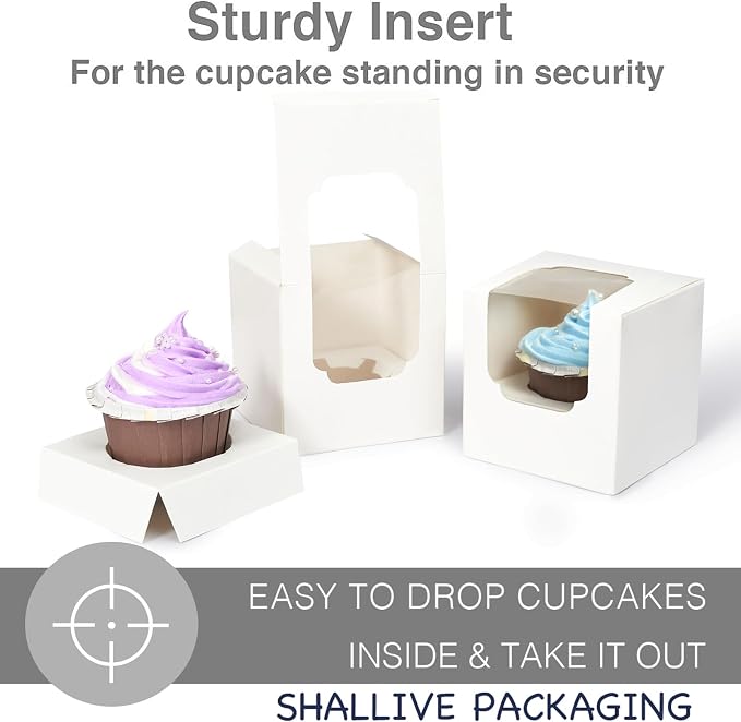 30 Pcs White Cupcake Boxes Individual Easy Assembly with Insert and Window, 3.5" x 3.5" x 3.5" Cupcake Holders