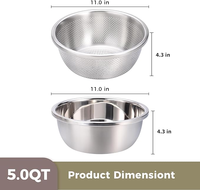 Colander and Bowl Set 5.0QT (2-in-1) - Thickened 304 Stainless Steel Kitchen Strainer Bowl for Fruit, Pasta, Vegetables, Rice - Heavy Duty, Induction Cooker & Dishwasher Safe