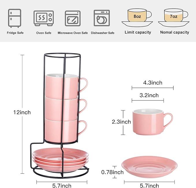 Cappuccino Cups Set of 4, 8oz Stackable Coffee Cups Set with Saucers and Metal Stand, Coffee Mugs and Saucers for Cappuccino, Latte, Americano and Tea - Pink