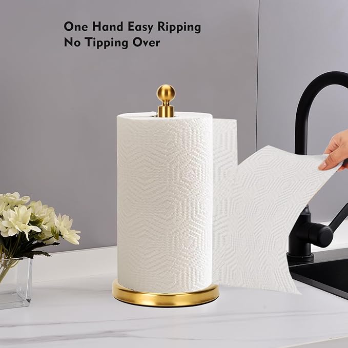 Gold Paper Towel Holder Countertop, Standing Paper Towel Roll Holder for Kitchen Bathroom, with Weighted Base for One-Handed Operation (Stainless Steel Base, Gold)