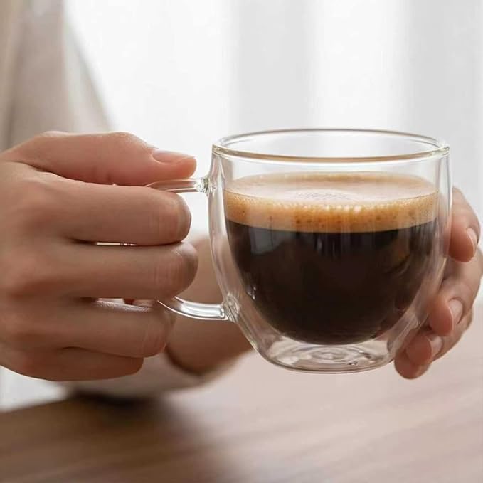 Espresso Cups Set Of 2, Double Walled Glass Coffee Mugs with Handle,Insulated Layer Coffee Cups,Clear Borosilicate Glass Mugs,Perfect for Cappuccino,Tea,Latte,Espresso (8oz-2Pack)