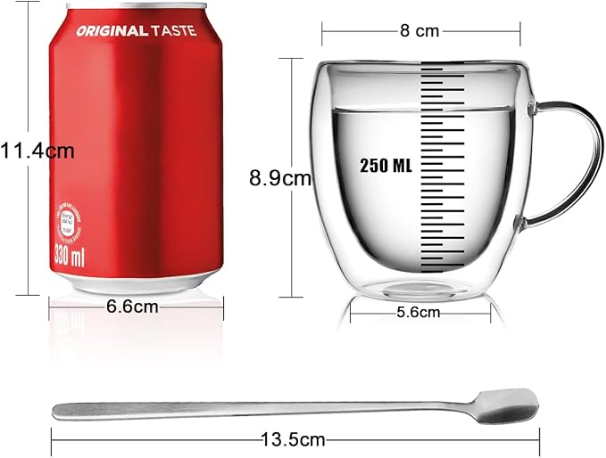 LIBWYS 4 Pack 250ml Double Walled Glass Coffee Mugs with 4 Spoons, Cappuccino Latte Tea Cups with Handle, Heat Resistant Drinking Glasses