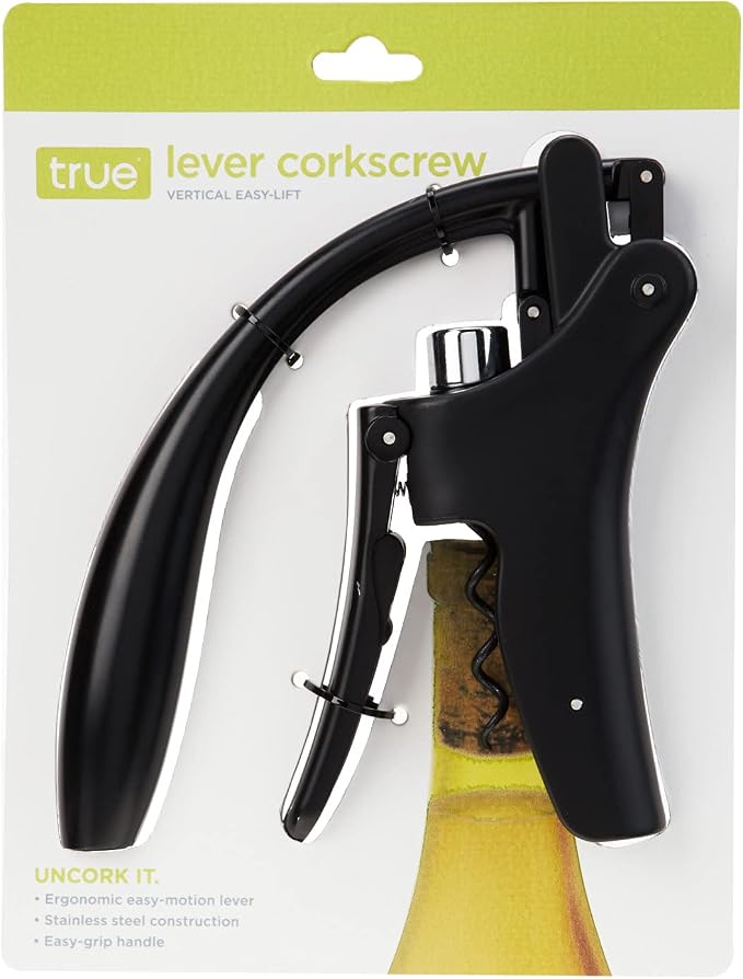 True Vertical Corkscrew Wine Opener with Easy Motion Lever Handle, Durable Stainless Steel and Plastic, Perfect for Home Bar, Kitchen, Outdoor Party, Housewarming Gifts, Set of 1, Black