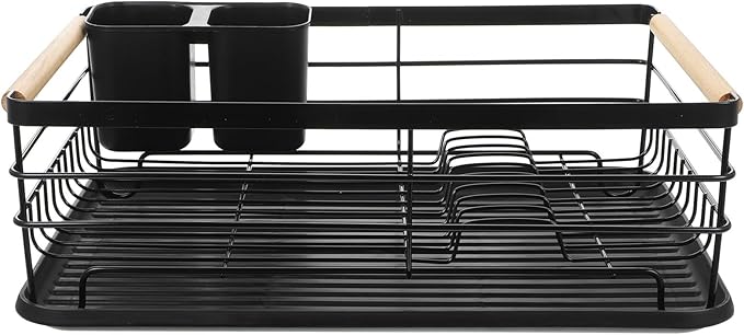 Metal Dish Drying Rack for Kitchen Sink with Cutlery Holder, Large Capacity Black Iron Multifunctional Over Sink Drying Organizer with Drip Tray for Countertop Storage